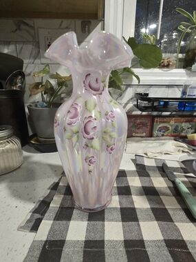 Rare Vintage Fenton Hand Painted Irredescent Pink Vase Signed Artist Jo Lynch